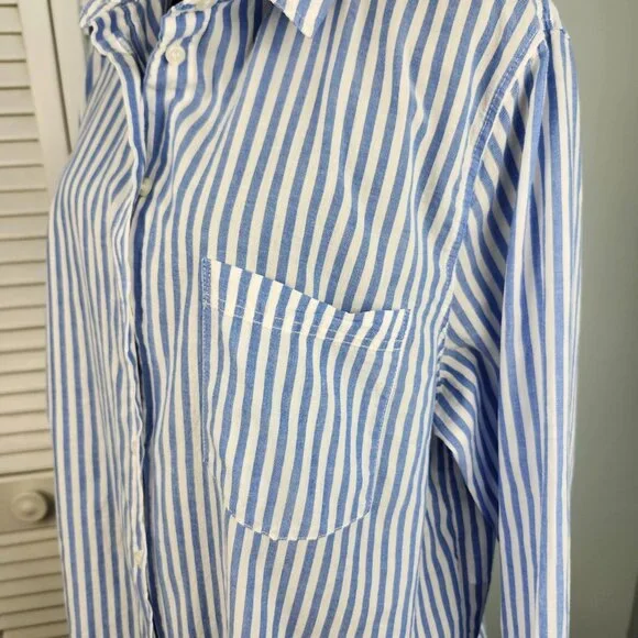 H&M Blue White Stripe Button Front Top L Long Sleeve 100% Cotton Coastal Capsule - Picture 4 of 10